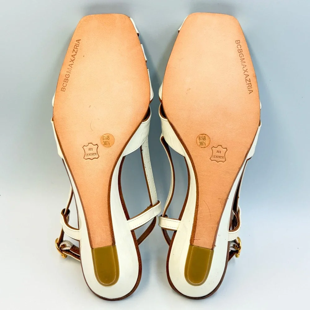 BCBG MAX AZRIA Cream Patent Leather Wedge Slingback Sandals 6.5B Chic Brazil